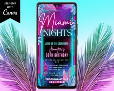 an image of a phone with the text miami nights on it and palm leaves in the background