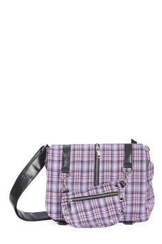 Both awesome and unique the Messenger Bag has a zip applique on the front and an outside pocket that is detachable. The shoulder strap is both adjustable and reinforced and the bag has a zip opening with inner pockets. Designed to be both practical and stylish this bag is made from Polyester. The plaid print makes it an attractive modern item that would be at home in any alternative fashion collection. The main features of the "Twice The Action" Messenger Bag include: * Plaid Print * Zip Appliqu Purple Shoulder Bag With Zipper Pocket For School, Purple Shoulder Bag For School With Zipper Pocket, School Shoulder Bag With Zipper Pocket In Purple, Purple Shoulder Bag With Zipper For Travel, Purple Travel Shoulder Bag With Zipper, Trendy Purple Bag With Zipper Pocket, Purple Shoulder Bag With Zipper For Daily Use, Purple Shoulder Bag With Zipper Pocket, Purple Travel Shoulder Bag With Zipper Pocket