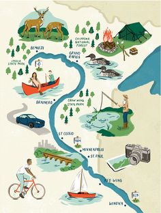 an illustrated map with people and animals in boats on the water, trees, mountains, and other things to see