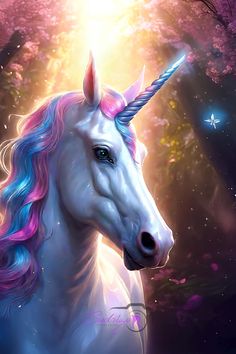 a white unicorn with blue and pink hair standing in front of a forest filled with trees