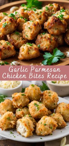 garlic parmesan chicken bites recipe on a plate and in the background is an image of