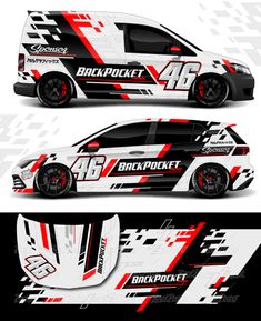 the side and back view of a car wrapper for a racing team, with an abstract