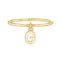 Ross-Simons - 14kt Yellow Gold "G" Initial Charm Ring Size 7. RS Pure. Modern designs that complete your outfit and complement your personality. Our simple 14kt yellow gold ring dangles a dainty "G" initial charm, adding a special touch to your stylish stacks. Choose a letter that represents your own name, nickname, significant other, child or pet - whatever you wish! 1/16" wide. 14kt yellow gold initial charm ring. G Initial, Charm Ring, Gold G, Gold Initial, Charm Rings, Yellow Gold Ring, Significant Other, Initial Charm, A Letter