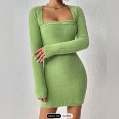 Nwt. Light Green Long Sleeve Fuzzy Dress. Super Soft And Comfy. Has Some Stretch Too! Trendy Green Mini Dress With Square Neck, Trendy Green Winter Dress, Fitted Green Winter Dress, Green Fitted Dress For Winter, Fitted Green Dress For Winter, Winter Green Fitted Dress, Green Fitted Square Neck Mini Dress, Green Fitted Mini Dress With Square Neck, Fitted Green Mini Dress For Winter