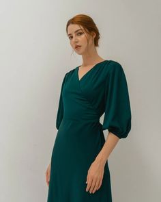 Harriet Hunter Green Puff Sleeves Dress / Wrap Dress Floor | Etsy Vietnam Elegant Green Puff Sleeve Dress For Brunch, Green V-neck Puff Sleeve Dress With Gathered Sleeves, Elegant Green Puff Sleeve Dress With Gathered Sleeves, Elegant Fitted Wrap Dress With Puff Sleeves, Green Wrap Dress, High Waisted Dress, Puff Sleeves Dress, Floor Length Dress, Dress Wrap