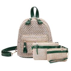 bohemian straw hollow out set backpack shoulder bag clutch Green Backpack Bags For Summer, Green Backpack For Summer, Summer Green Backpack With Adjustable Strap, Back To School Vacation Backpack, Satchel Backpack, Clutches For Women, Online Reviews, Women Bags Fashion, Mini Shoulder Bag