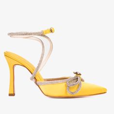 MEASUREMENTS Heel height: 3.5” Sunlit Elegance: Floransa Yellow Leather Pointy Toe Ankle Strap Sandal Radiant in Sunshine Yellow: Step into the spotlight with the Floransa Yellow Leather Pointy Toe Ankle Strap Women Sandal, crafted with precision from luxurious 100% leather. Satin Sophistication and Sparkle: Elevate your style with satin sophistication, featuring sparkling embellishments carefully arranged on the leather for a touch of glamour and elegance. Vibrant Ankle Strap: Embrace vibrancy Luxury Yellow Slingback Pumps, Luxury Leather T-strap Sandals With Heel Strap, Luxury Yellow Heels For Evening, Luxury Elegant Yellow Sandals, Luxury Yellow Chic Heels, Luxury Chic Yellow Heels, Luxury Elegant Satin Sandals, Luxury Elegant Yellow Heels, Luxury Yellow Ankle Strap Sandals