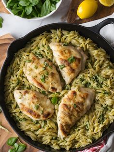 chicken and pesto pasta in a cast iron skillet with lemons on the side