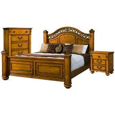 a wooden bed with two night stands on either side and nightstands next to it