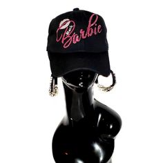 Black Barbie With Sexy Lips On A Black Fitted Adjustable Baseball Cap~Shiny Glitter Lettering! ************ Tee Available For Purchase ******************* Pink Snapback Baseball Cap For Party, Trendy Party Hats With Letter Print, Trendy Pink Party Baseball Cap, Pink Adjustable Baseball Cap For Party, Pink Baseball Cap For Party, Black Snapback Baseball Cap For Party, Trendy Party Baseball Cap, Black Casual Baseball Cap For Parties, Casual Black Baseball Cap For Party