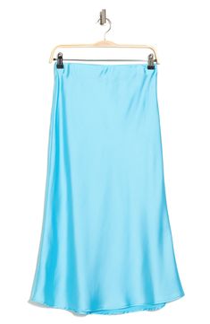 Elevate your wardrobe with this pull-on bias satin midi skirt for elegant, feminine style. 31" length (size S) Elasticized waist Pull-on style Satin construction 97% polyester, 3% spandex Machine wash cold, line dry Made in USA Model’s stats for sizing: 5’10” height, 34” bust, 27” waist, 35” hips. Model is wearing size S. Summer Satin Bias Cut Skirt, Summer Satin Skirt With Bias Cut, Spring Bias Cut Skirt, Spring Relaxed Bias Cut Skirt, Spring Blue Satin Bottoms, Blue Satin Flowy Skirt, Spring Silk Long Pencil Skirt, Long Silk Pencil Skirt For Spring, Spring Bias Cut Midi Skirt