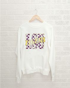 LSU Tigers Twisted Check White Thrifted Sweatshirt - shoplivylu The Beach Boys, Lsu Tigers, Pop Up Shop, Online Retail, Rolling Stones, 50 50, Vintage Denim, Unique Colors, Online Purchase