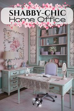 a home office with pink flowers on the wall and desk in front of bookshelves