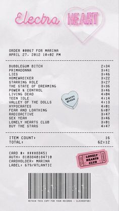 Album Receipts, Receipt Design, Album Receipt, Electra Heart, Fear And Loathing, Music Poster Design, Marina And The Diamonds, Valley Of The Dolls, Picture Collage Wall