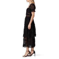 Black printed lace (100% Polyester). Hourglass. Short sleeves. Sweetheart neckline. Exposed back zipper closure. Partially lined. 53" from shoulder to hemline. Imported. Tier Dress, Sweetheart Dress, Rent The Runway, Closet Designs, Dress First, Black Print, Self Portrait, Sweetheart Neckline, Dress Black