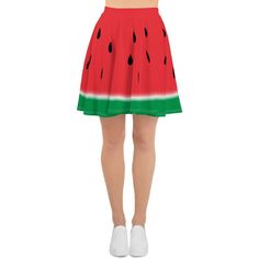 This Watermelon Skater Skirt is perfect for any and all fruit festivities! Perfect for summer parties, costumes, party themes, and more. The soft fabric and flared cut of this skater skirt are just a few of the reasons why it's bound to become a favorite in your wardrobe. The flattering silhouette looks great on any body type, and thanks to the elastic waistband, you'll feel extra comfy. * 82% polyester, 18% spandex * Fabric weight: 6.78 oz/yd² (230 g/m²) (weight may vary by 5%) * Smooth fabric * Mid-thigh length * Elastic waistband * Overlock seams, coverstitch hemline * Blank product components in the US and Mexico sourced from China * Blank product components in the EU sourced from China and Lithuania This product is made especially for you as soon as you place an order, which is why it Red Mini Skirt For Cosplay, Trendy Skirt For Cosplay In Spring, Cute Summer Party Skirt, Halloween Stretch Mini Skirt For Costume Party, Stretch Mini Skirt For Halloween Costume Party, Playful Summer Party Bottoms, Halloween Costume Party Stretch Mini Skirt, Casual Mini Skirt For Cosplay In Spring, Red Bottoms For Summer Costume Party