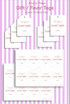 the printable gift tags are shown in pink and white striped paper, with text that reads