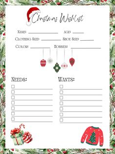 a christmas wish list is shown with ornaments and presents on the front, along with an ornament