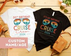 These matching Cruise Shirts can be customized for your next event on the high seas! 🦨 --- ABOUT THIS ITEM --- ✦ 100% super soft cotton (fiber content may vary for different colors) ✦ Lightweight fabric ✦ Popular choice! ✦ T-shirts are Bella+Canvas, baby bodysuit is Rabbit Skins brand - please see size charts for details!   🦨 --- SIZING --- ✦ Please consult the size charts before purchase to ensure a great fit for everyone! ✦ This shirt is a true-to-size UNISEX tee ✦ For that "oversized" look, Matching Cruise Shirts, Birthday Cruise, Cruise Party, Cruise Shirts, 50th Birthday Shirts, Birthday Trip, Cruise Shirt, Travel Shirts, Its My Birthday