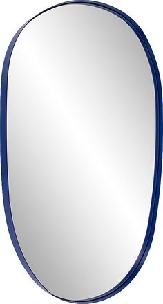 an oval mirror with blue trim around the edges