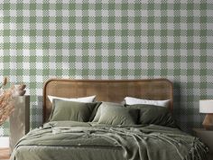 Cassidy Green Bedroom and Bed Kids Bedroom Wallpaper, Charming Aesthetic, Dining Room Wallpaper, Wallpaper Textured, Plaid Wallpaper, Classic Wallpaper, Green Gingham, Stripes Wallpaper, Tropical Wallpaper