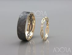 two wedding rings with diamond accents on each side, one in yellow gold and the other in white gold