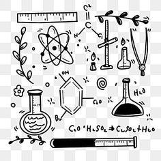 an image of science related objects in black and white, transparent background png clipart