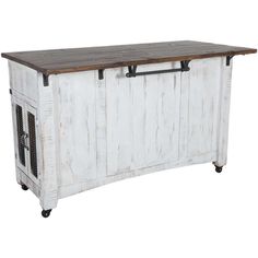 an old white wooden cabinet with iron bars on the top and bottom, against a white background