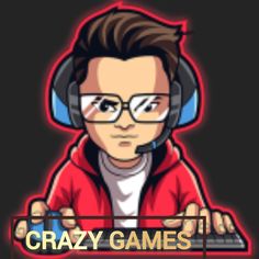 a man wearing headphones and holding a keyboard with the words crazy games on it