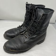 "Vintage 80s Czechoslovakian Jumper Black Work Boots with Slip Resistant Soles SIZE: US MEN 12  WIDTH: 4 1/2\" LENGTH OUTSOLE: 12 3/4\" HEIGHT: 10\" HEEL: 1\" MATERIAL: Leather  COLOR: Black GOOD VINTAGE CONDITION. Made by unknown, only could read they were made in czechoslovakian" Vintage Steel Toe Boots With Plain Toe, Vintage Steel Toe Work Boots, Vintage Work Boots With Plain Toe For Winter, Vintage Winter Work Boots With Plain Toe, Vintage Work Boots With Rubber Sole And Plain Toe, Vintage Work Boots With Leather Sole For Winter, Vintage Style Steel Toe Boots With Round Toe, Vintage Work Boots With Reinforced Heel And Snip Toe, Vintage Lace-up Work Boots With Reinforced Heel