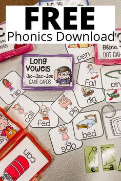 the free phonics printable game is on display with other games and activities