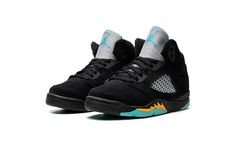 The Air Jordan 5 PS “Aqua” is the preschool sizing of the colorway of the retro basketball shoe in a look loosely inspired by a Player Exclusive of the shoe for Chris Paul in his time with the New Orleans Hornets.  The “Aqua” is complete with a black synthetic nubuck construction with translucent netting on the sides and tongue.  An Aqua-colored Jumpman is embroidered on the Metallic Silver reflective tongue and on the heel.  Additional Aqua accenting can be found on the Jumpman on the lace togg Jordans Retro, Retro Basketball Shoes, Retro Basketball, In His Time, Chris Paul, Aqua Shoes, Air Jordan 5, Shark Tooth, 5 Kids