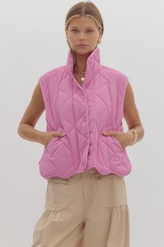 Solid quilted snap button up vest Pockets at side Scalloped hem 100% nylon WE ONLY OFFER STORE CREDIT FOR RETURNS! items purchased using a discount code {via rewards, text codes, promotions, flash sales, or otherwise} are considered final sale items and are not eligible for store credit and cannot be exchanged. all sale items are final sale and not eligible for return or exchange. Boutique Warehouse, Pink Vest, Outerwear Vest, Sister Shirts, Curvy Dress, Sheer Material, Quilted Vest, Scalloped Hem, Newport