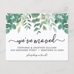 greenery save the date card with watercolor leaves and branches on white marble background