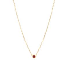 Embrace the passion and love with our Garnet Solitaire Birthstone Necklace. Featuring a deep, rich red hue, this elegant piece symbolizes love, friendship, and devotion. Garnet radiates energy, warmth, and vibrant passion, making it the perfect gift for anyone born in January.  Gemstone: Garnet Metal: 18k Gold Vermeil Month: January Handcrafted Original La Côte Club design with branded stamp Hypoallergenic Pendant dimensions: .21" x .21" | 5. 3 mm x 5. 3 mm Chain length: 16" | 40. 5 cm, extends Elegant Ruby Birthstone Necklace In Gold, Elegant Ruby Gemstone Necklace, Elegant Gold Ruby Birthstone Necklace, Elegant Yellow Gold Ruby Necklace, Classic Gemstone Necklace For Valentine's Day, Classic Gemstone Necklaces For Valentine's Day, Elegant Ruby Pendant Birthstone Necklace, Red 14k Gold Birthstone Necklace, Elegant Ruby Birthstone Necklace