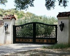 an iron gate with wood panels and wrought iron designs on the side of a house