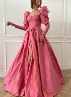 Details:-Candy pink color-Beaded taffeta fabric-A-line with puffy long sleeves and open skirt-For special occasions Puffy Prom Dresses, Teuta Matoshi, Elegant Ball Gowns, Pink Gown, Pink Sea, Princess Gown, Sea Pearls, Ball Gown Dresses, Party Gowns