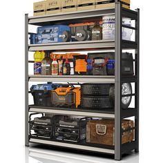 an industrial shelving unit with various items on it and boxes in the bottom shelf