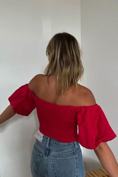 Off the shoulder puff sleeve top with gathered back. Casual Off-shoulder Puff Sleeve Top For Day Out, Casual Puff Sleeve Off-shoulder Top For Day Out, Trendy Fitted Off-shoulder Top With Puff Sleeves, Chic Ruched Top With Puff Sleeves, Summer Off-shoulder Top With Smocked Back, Spring Ruched Tops With Balloon Sleeves, Spring Ruched Tops For Date Night, Ruched Tops For Date Night In Spring, Spring Ruched Balloon Sleeve Top