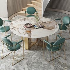 there is a marble table with green chairs around it