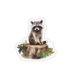 a raccoon sticker sitting on top of a tree stump with leaves around it