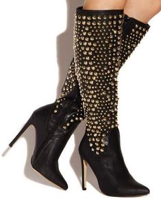 Metal Studs Knee Boots Pointed Toe Gold Rivets Leather Women Long Boots Black/beige Women Boots Shoes black-36 Long Leather Boots, Women Heels, Dress Boots, Stiletto Boots, Boots High, Boots Women Fashion, Knee High Leather Boots, Shoes Dress, Long Boots