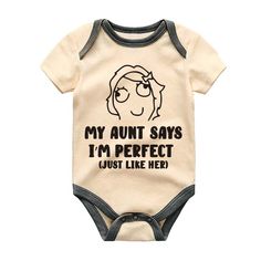 Celebrate the special bond between aunt and baby with this adorable 'My Aunt Says I'm Perfect' custom baby bodysuit! Perfect for nieces or nephews, this funny and cute outfit is ideal for pregnancy announcements, birth reveals, or baby showers. Made from soft, high-quality fabric, this unisex bodysuit is comfortable and stylish, featuring a playful saying that’s sure to bring a smile to Auntie's face. Whether it's a gift for a new baby or a fun way to announce 'coming soon,' this bodysuit is a must-have for every family. Available in multiple sizes and perfect for any occasion, it's a delightful way to celebrate the love and humor shared between an aunt and her little one! This baby bodysuit is machine washable, making it easy to care for. The romper is super soft and easy to wear and take Aunt Quotes Funny, Birthday Baby Announcement, Aunt Baby Clothes, Birth Reveal, Baby Shower Shirts, Cute Pregnancy Announcement, Aunt Sayings, Newborn Announcement, Hospital Outfit