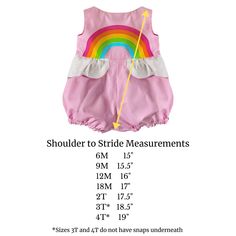 For your little one who spreads rainbows wherever she goes! This cheerful summer style features a layered rainbow applique on the bodice with a cloud shaped peplum at the waist. Pair it with the matching Over the Rainbow Sundress to match with big sis! https://www.etsy.com/listing/692942076/rainbow-sundress-sunset-pink?ref=shop_home_active_20&frs=1 Fully lined Buttons at back, snaps underneath 100% Cotton Machine Wash Cold See last image for size chart. Pink Playful Bubble Romper For Playtime, Fitted Multicolor Bubble Romper For Playtime, Pink Playful Bubble Romper For Playwear, Playful Multicolor Bubble Romper For Playtime, Playful Pink Bubble Romper For Playwear, Multicolor Fitted Cotton Bubble Romper, Fitted Multicolor Cotton Bubble Romper, Multicolor Sleeveless Bubble Romper For Spring, Cute Multicolor Sleeveless Bubble Romper