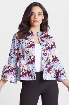 Kenzie completes your look with just the right amount of flirty fun. Both charming and ladylike, this lovely little jacket features sweet flounce details that feel stylishly feminine. The colorful floral print is exciting and refreshing. Style# 137J102 DETAILS Open front with no closure Large flounce sleeves Flounce waist Lightweight Wrinkle resistant CONTENT + CARE 97% Cotton, 3% Spandex Turn garment inside out. Machine wash cold, gentle cycle. Non-chlorine beach. Line dry, warm iron SIZE + FIT Floral Jacket Outfit, Elegant Jacket, Paris Olympics, Blouse Batik, Colorful Bouquet, Floral Blazer, Floral Jacket, Flounce Sleeve, Casual Blazer