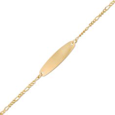 Delight your favorite little loved one with this precious identification bracelet. Crafted in 14K gold, this charming design features an oval-shaped plaque centered on a gleaming figaro chain. Polished to a bright shine, this 6.0-inch bracelet secures with a spring-ring clasp. Zales Zales, Figaro Chains, Figaro Chain, Id Bracelets, Bracelet Designs, Spring Rings, Fashion Bracelets, Types Of Metal, Gold Metal