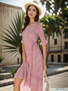 Orcajump - Women's Dress Disty Floral Print Wrap Dresses Pink Non-stretch Dress For Brunch, Non-stretch Mid-length Summer Dress, Feminine Printed Knee-length Dress, Fitted Floral Mid-length Summer Dress, Fitted Mid-length Floral Summer Dress, Pink Non-stretch Summer Dress, Non-stretch Pink Midi Dress For Vacation, Non-stretch Dress For Spring Garden Party, Pink Non-stretch Midi Dress For Vacation