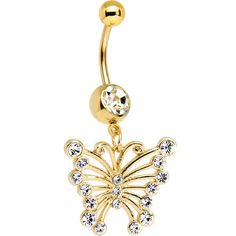 a gold butterfly belly ring with crystal stones on it's side and an attached ball