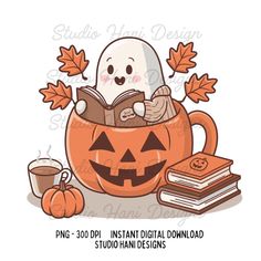 a cartoon pumpkin reading a book while sitting in a cup with leaves and books around it