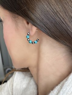 Small Turquoise & Navajo Pearls Sterling Silver Hoop Earrings - LeSilveStone Thick Hoop Earrings, Turquoise Western, Navajo Pearls, Turquoise Hoop Earrings, Turquoise Hoops, Pearl Design, Pearl Hoop Earrings, Western Jewelry, Sterling Silver Hoop Earrings